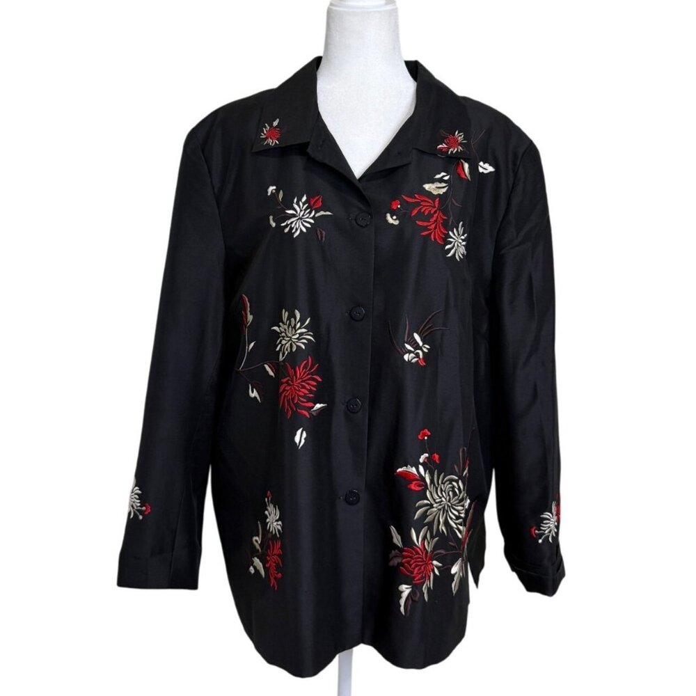 Silkland Womens Silk Jacket Black Floral Embroidered Button Down Tunic Size 2X